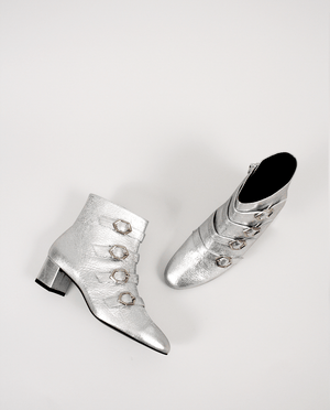 BOTTINES TALON FEMME CUIR ARGENT BOUCLES GORDANA WOMAN SILVER MIDDLE HEEL BOOTS BUCKLES