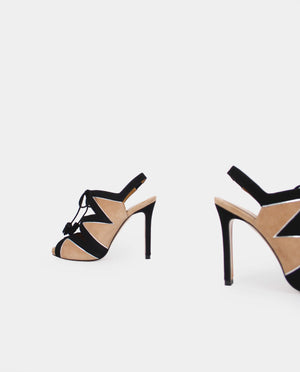 SANDALE DAIM A TALON DITA EN VEAU VELOURS NUDE ET NOIR