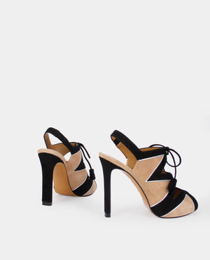 SANDALE DAIM A TALON DITA EN VEAU VELOURS NUDE ET NOIR
