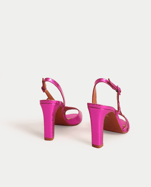 SANDALE A TALON ROSE FUCHSIA CUIR MÉTALLISÉ GORDANA HEEL SANDAL PINK METALIC LEATHER